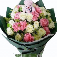 white roses+pink carnations +small teddy