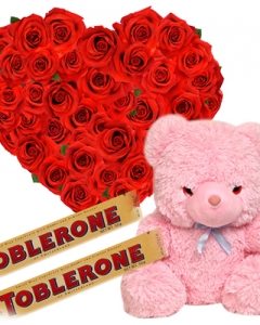 24 Red Roses + 2 Toblerone Chocolate Bars ,100 each + Teddy Bear 24
