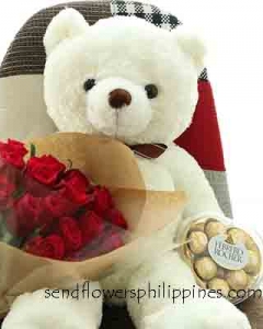2ft white teddy , ferrero heart w/ 12 red roses bunch