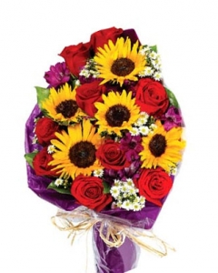 Sunflowers, red roses and alstroemeria in hand tied bouquet