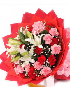 Red And Pink Carnations With Lilies Bouquet