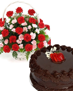 Pink & red carnation basket with cake