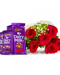 Bouquet of 6 Red Roses of with 6 Assorted Bars of Cadbury Dairy