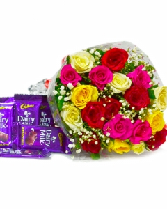 Bunch of 18 Colourful Roses with 5 Cadbury  Chocolates