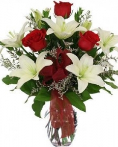 3 Red Roses with White Lilies