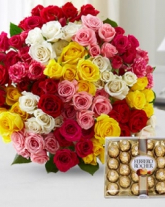 Bunch of 70 Mixed Roses & 24 Ferrero Rocher Box