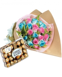 24 Blue and Pink Roses with Ferrero 24