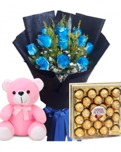 12 Blue Roses ,Ferrero Chocolate Box with small Bear