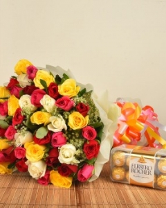 50 Mixed Roses & 16 Ferrero Rocher Box