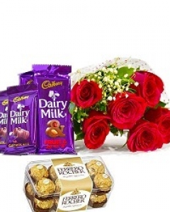 6 red roses bouquet w/chcolates